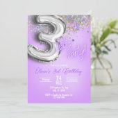Paarse Glitter 3e Verjaardagsuitnodiging Kaart (Staand voorkant)