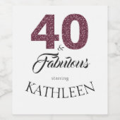 Paarse Glitter 40 en Fabulous 40th Birthday Party Wijn Etiket (Enkel label)