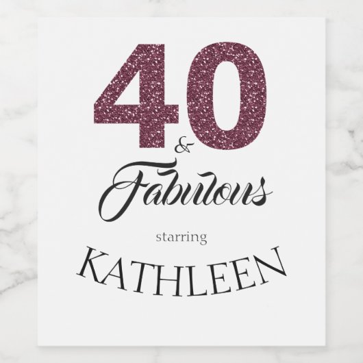 Paarse Glitter 40 en Fabulous 40th Birthday Party Wijn Etiket (Enkel label)