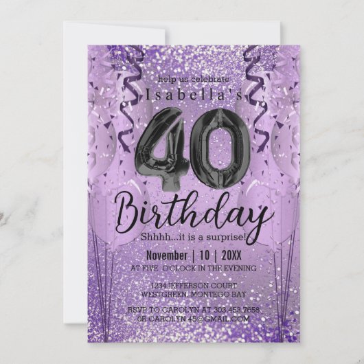 Paarse Glitter 40e Verjaardag Kaart (Voorkant)