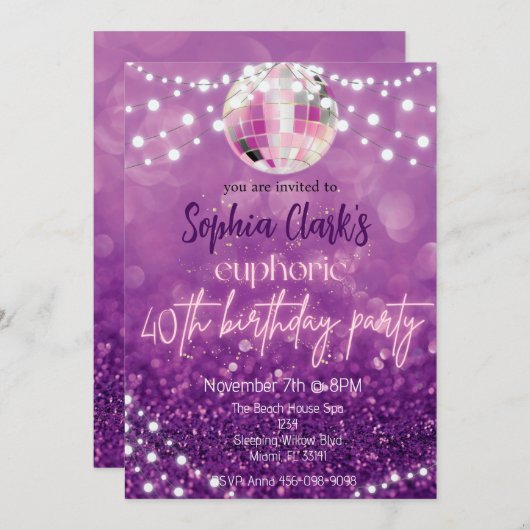 Paarse Glitter 40th Birthday Euphoria Uitnodiging (Voorkant / Achterkant)