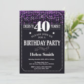 Paarse Glitter 40th Birthday Invitation Kaart (Staand voorkant)