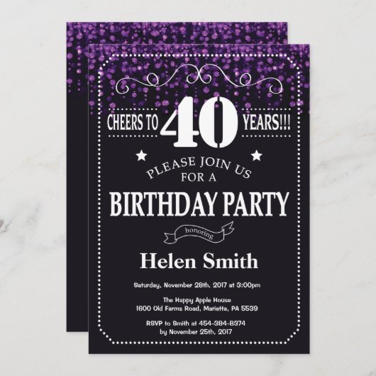 Paarse Glitter 40th Birthday Invitation Kaart (Voorkant / Achterkant)