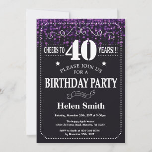 Paarse Glitter 40th Birthday Invitation Kaart