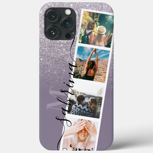 Paarse glitter 4 collage foto monogram Case-Mate iPhone case (Achterkant)