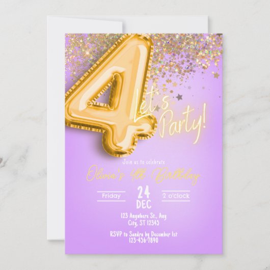 Paarse Glitter 4e Verjaardagsuitnodiging Kaart (Voorkant)