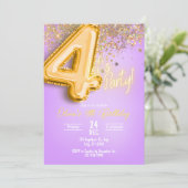 Paarse Glitter 4e Verjaardagsuitnodiging Kaart (Staand voorkant)