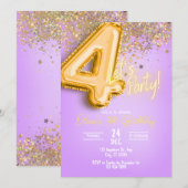 Paarse Glitter 4e Verjaardagsuitnodiging Kaart (Voorkant / Achterkant)