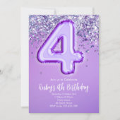 Paarse Glitter 4e Verjaardagsuitnodiging Kaart (Voorkant)