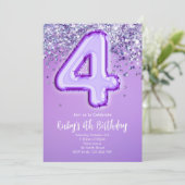 Paarse Glitter 4e Verjaardagsuitnodiging Kaart (Staand voorkant)