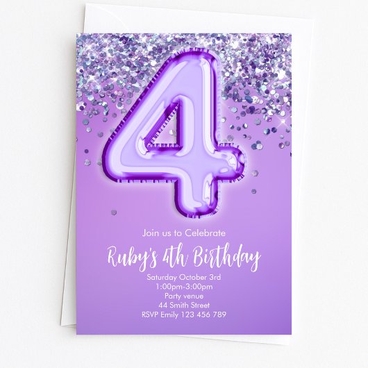 Paarse Glitter 4e Verjaardagsuitnodiging Kaart