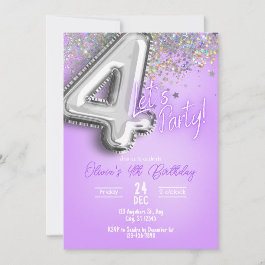 Paarse Glitter 4e verjaardagsuitnodiging Kaart (Voorkant)