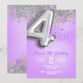 Paarse Glitter 4e verjaardagsuitnodiging Kaart (Voorkant / Achterkant)