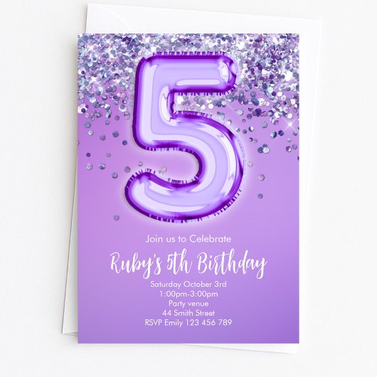 Paarse Glitter 5e Verjaardagsuitnodiging Kaart