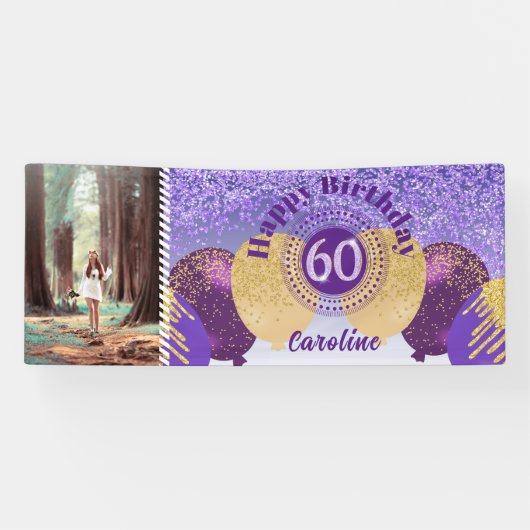 Paarse Glitter 60e Verjaardag & Ballonnen Spandoek (Horizontaal)