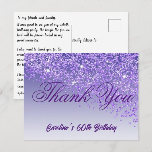 Paarse Glitter, 60ste Verjaardag Bedankt Briefkaart (Voorkant / Achterkant)