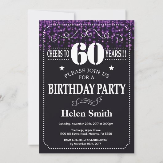 Paarse Glitter 60th Birthday Invitation Kaart (Voorkant)