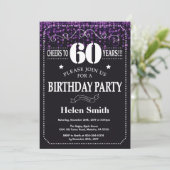 Paarse Glitter 60th Birthday Invitation Kaart (Staand voorkant)