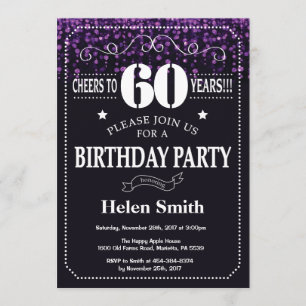 Paarse Glitter 60th Birthday Invitation Kaart