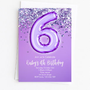 Paarse Glitter 6e Verjaardagsuitnodiging Kaart