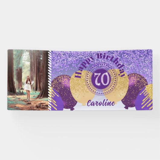 Paarse Glitter 70e Verjaardag & Ballonnen Spandoek (Horizontaal)