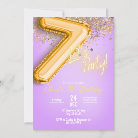 Paarse Glitter 7e Verjaardagsuitnodiging Kaart (Voorkant)