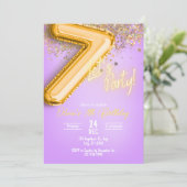 Paarse Glitter 7e Verjaardagsuitnodiging Kaart (Staand voorkant)