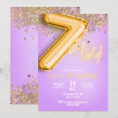 Paarse Glitter 7e Verjaardagsuitnodiging Kaart (Voorkant / Achterkant)