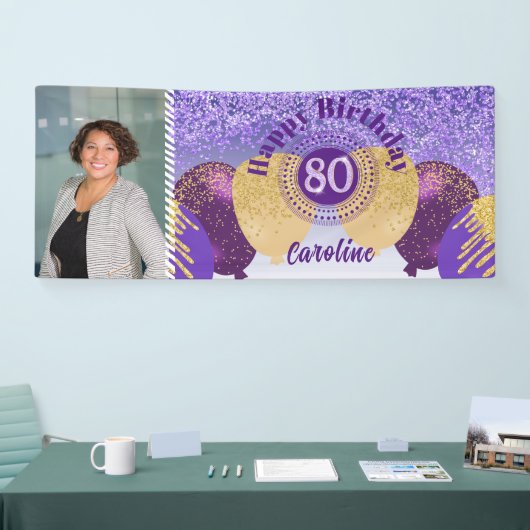 Paarse Glitter 80e Verjaardag & Ballonnen Banner (Beurs)