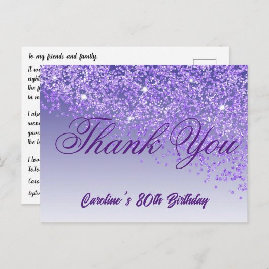 Paarse Glitter, 80ste Verjaardag Bedankt Briefkaart (Voorkant / Achterkant)