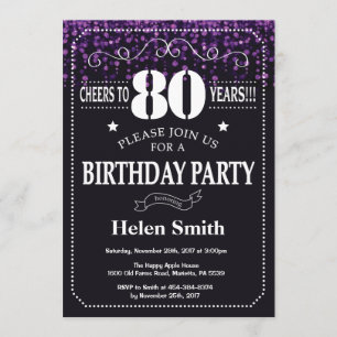 Paarse Glitter 80th Birthday Invitation Kaart