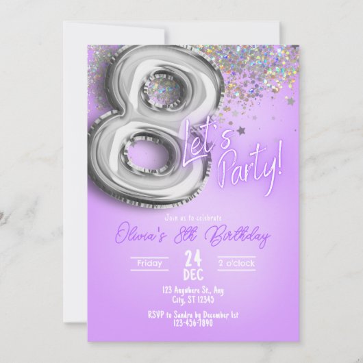 Paarse Glitter 8e verjaardagsuitnodiging Kaart (Voorkant)