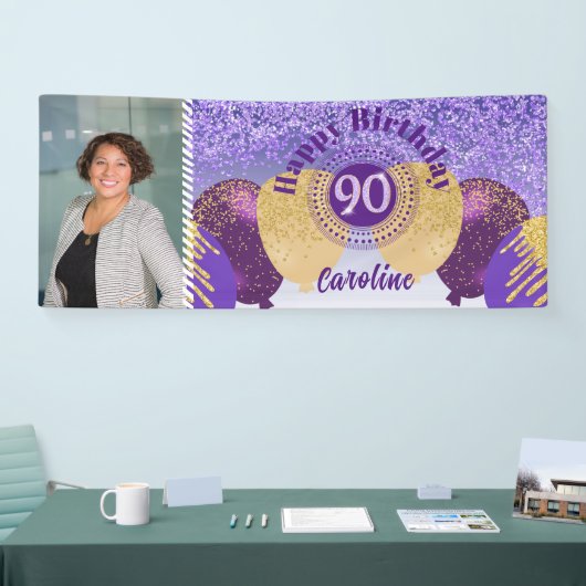 Paarse Glitter 90e Verjaardag & Ballonnen Banner (Beurs)