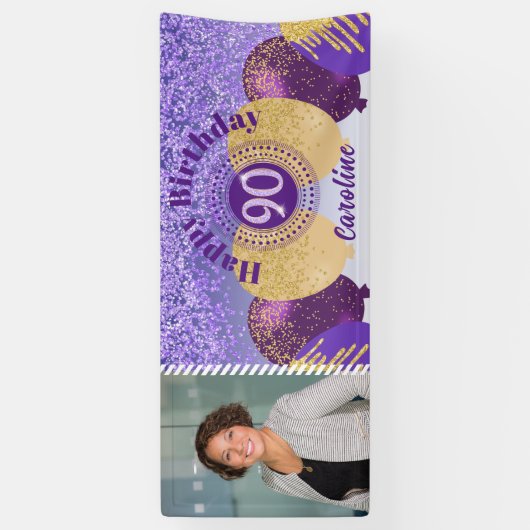 Paarse Glitter 90e Verjaardag & Ballonnen Banner (Verticaal)