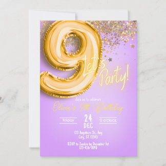 Paarse Glitter 9e Verjaardagsuitnodiging Kaart