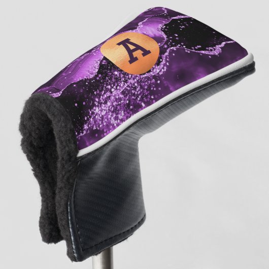 Paarse glitter agate marble gold monogram gol golfheadcover (3/4 voorkant)