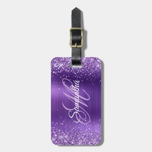 Paarse Glitter Amethist Folie Fancy Monogram Bagagelabel (Voorkant verticaal)