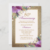 Paarse Glitter Amethyst Bloem 50ste Verjaardag Kaart (Voorkant)