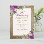 Paarse Glitter Amethyst Bloem 50ste Verjaardag Kaart (Staand voorkant)