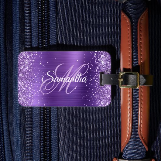 Paarse Glitter Amethyst Folie Fancy Monogram Bagagelabel (Voorkant Insitu 4)