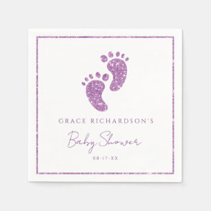 Paarse Glitter Baby Voeten Footprint Baby shower Servet