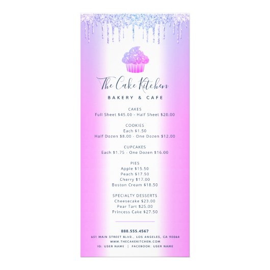 Paarse Glitter Bakery Cupcake Pastry Chef Menu (Voorkant)
