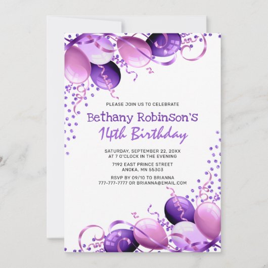 Paarse Glitter Balloons Birthday Kaart (Voorkant)