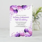 Paarse Glitter Balloons Birthday Kaart (Staand voorkant)