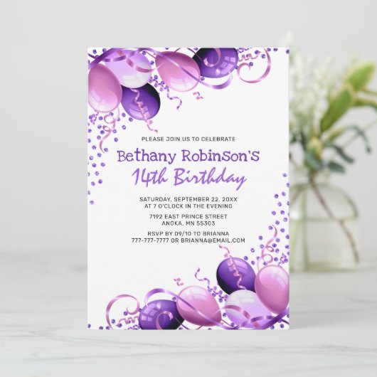 Paarse Glitter Balloons Birthday Kaart (Staand voorkant)