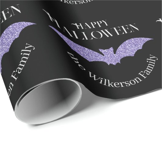 Paarse Glitter Bat Happy Halloween Cadeaupapier (Rol Hoek)