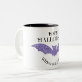 Paarse Glitter Bat Happy Halloween Tweekleurige Koffiemok (Voorkant links)