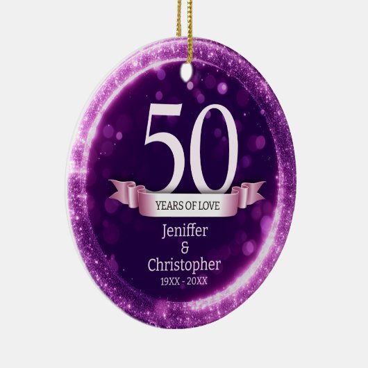 Paarse Glitter Bewerken Jaar Bruiloft Jubileum Keramisch Ornament (Rechts)