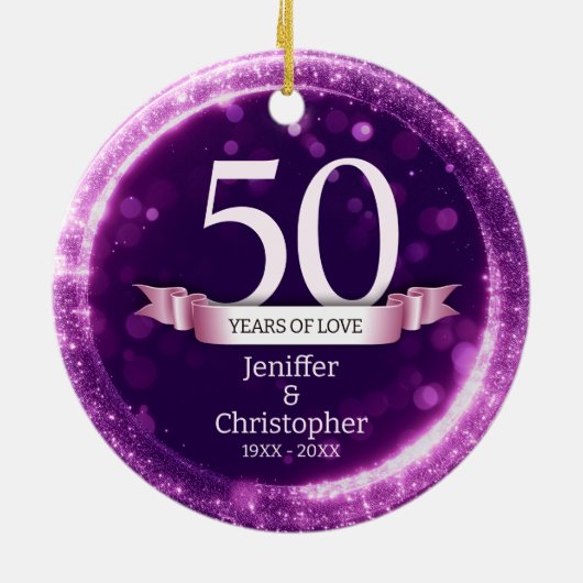 Paarse Glitter Bewerken Jaar Bruiloft Jubileum Keramisch Ornament (Achterkant)