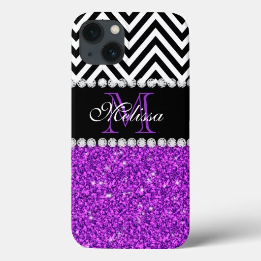 PAARSE GLITTER BLACK CHEVRON MONOGRAMMEMED Case-Mate iPhone CASE (Achterkant)